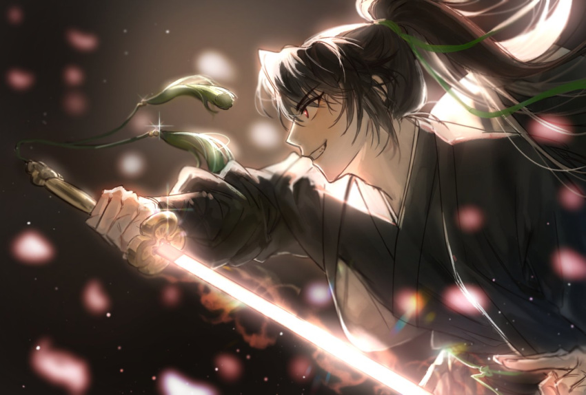 1boy backlighting black_hair blossom_robber blurry blurry_background chungmyung dark_background from_side glint glowing glowing_sword glowing_weapon grin holding holding_sword holding_weapon korean_commentary long_hair long_sleeves male_focus ponytail return_of_the_mount_hua_sect smile solo sword upper_body weapon