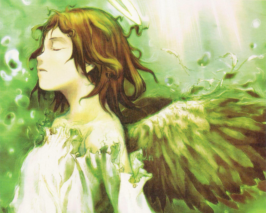 angel_wings brown_hair closed_eyes haibane_renmei halo messy_hair rakka water wings