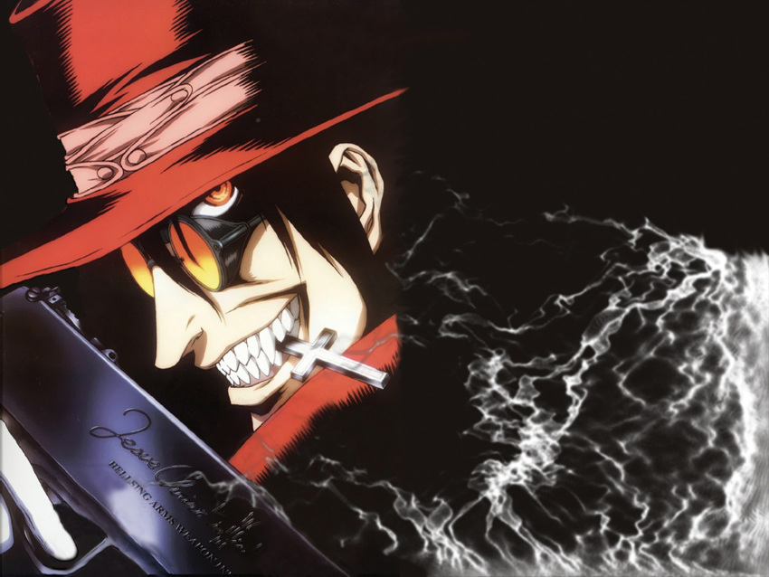 1boy alucard_(hellsing) artist_request coat cross glasses glowing_eyes gun handgun hat hellsing looking_at_viewer opaque_glasses pistol red_eyes solo sunglasses teeth vampire weapon white_gloves