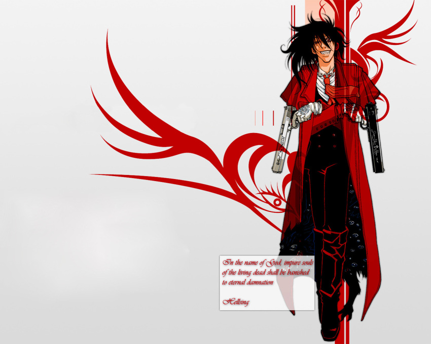 1boy alucard_(hellsing) artist_request ascot black_hair boots dual_wielding eyes formal grin gun hellsing long_coat male necktie overcoat pentagram pistol prayer red_eyes simple_background solo suit vampire weapon white_gloves