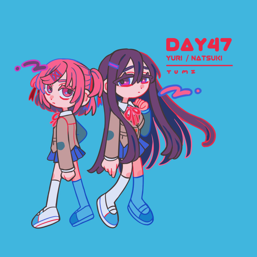 2girls artist_name blazer blue_background blue_skirt character_name closed_mouth collared_shirt commentary_request doki_doki_literature_club doki_doki_literature_club_school_uniform dot_nose eyelashes full_body grey_jacket hair_between_eyes hair_ornament hair_ribbon hairclip highres jacket jep5e kneehighs long_hair long_sleeves medium_hair multiple_girls natsuki_(doki_doki_literature_club) neck_ribbon pink_eyes pink_hair purple_hair red_ribbon ribbon school_uniform shirt shoes simple_background skirt socks two_side_up very_long_hair violet_eyes white_shirt white_shoes white_socks yuri_(doki_doki_literature_club)