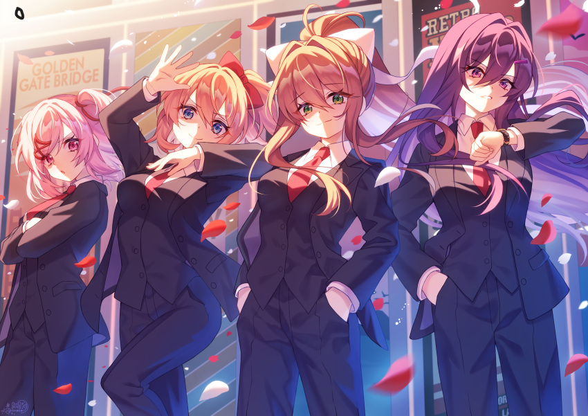 4girls :o absurdres alternate_hairstyle black_jacket black_pants black_suit black_vest blue_eyes blue_pants bow breasts brown_hair closed_mouth collared_shirt commission crossed_arms doki_doki_literature_club english_text eyelashes floating_hair green_eyes green_pupils hair_between_eyes hair_bow hair_intakes hair_ornament hair_ribbon hairclip hands_in_pockets highres jacket kitsuneco leaf long_hair looking_at_watch matching_outfits medium_hair monika_(doki_doki_literature_club) multiple_girls natsuki_(doki_doki_literature_club) necktie open_clothes open_jacket open_mouth pants petals pink_eyes pink_hair pink_pupils ponytail poster_(object) pruple_hair purple_pupils red_bow red_necktie red_ribbon ribbon sayori_(doki_doki_literature_club) second-party_source shirt short_ponytail signature smile standing suit suit_jacket two_side_up vest violet_eyes watch watch white_ribbon white_shirt yuri_(doki_doki_literature_club)
