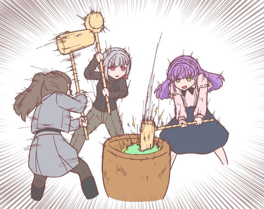 3girls black_boots black_pantyhose black_skirt black_sweater boots braid brown_hair colored_inner_hair commentary_request crown_braid emphasis_lines fujishima_megumi fujishima_megumi_(post-graduation) green_eyes grey_hair grey_jacket grey_pants grey_skirt holding holding_mallet jacket kine knee_boots link!_like!_love_live! long_hair love_live! mallet medium_skirt miniskirt mochitsuki mortar_(bowl) motion_lines multicolored_hair multiple_girls open_clothes open_jacket otomune_kozue otomune_kozue_(post-graduation) pants pantyhose pink_eyes pink_shirt pleated_skirt ponytail purple_hair red_hair red_streaks shiroyama-san shirt short_hair sidelocks simple_background skirt skirt_suit speed_lines streaked_hair suit sweater v-shaped_eyebrows virtual_youtuber white_background yugiri_tsuzuri yugiri_tsuzuri_(post-graduation)
