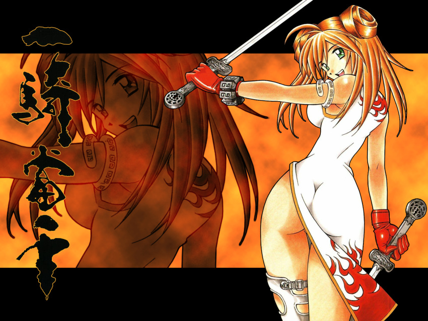 ass asymmetrical_clothes bare_shoulders breasts china_dress chinese_clothes double_bun gloves green_eyes highres ikkitousen large_breasts looking_back narrow_waist no_panties official_art orange_hair shiozaki_yuji side_slit single_thighhigh smile solo sonsaku_hakufu sword thighhighs wallpaper weapon zoom_layer