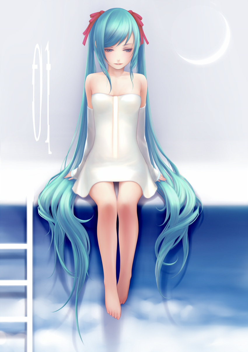 aqua_hair bare_shoulders barefoot cloud detached_sleeves dress feet hatsune_miku highres ladder lips long_hair moon sitting solo very_long_hair vocaloid yori