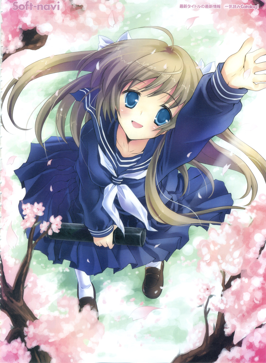 :d ahoge artist_request blue_eyes graduation highres loafers long_hair looking_up open_mouth outstretched_arm outstretched_hand petals reaching school_uniform serafuku shoes smile socks white_legwear white_socks
