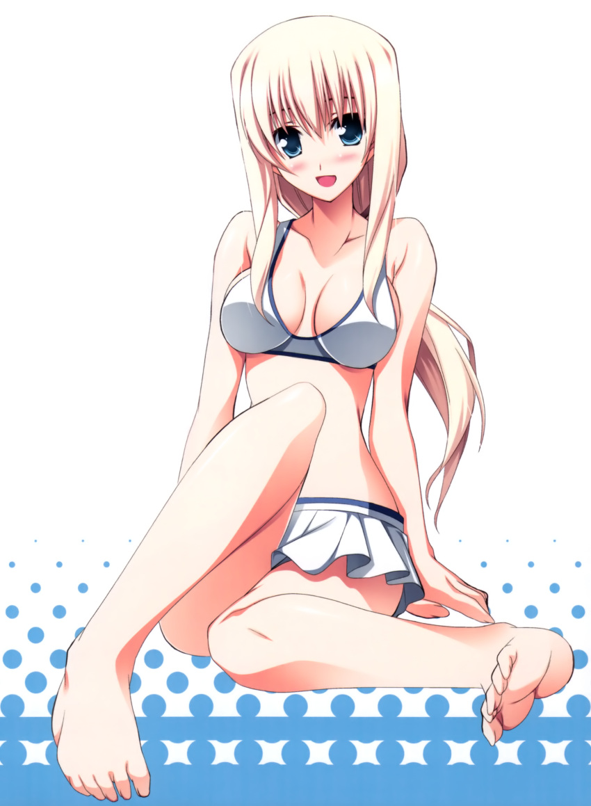 :d absurdres bikini bikini_skirt blonde_hair blue_eyes blush breasts breasts_apart cleavage copyright_request feet highres long_hair open_mouth purple_software simple_background sitting smile solo swimsuit swimsuit yuuki_makoto