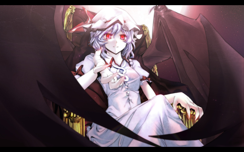 asskiler bat_wings beckon bow fingernails glowing glowing_eyes hat highres lavender_hair red_eyes remilia_scarlet short_hair sitting throne touhou wings