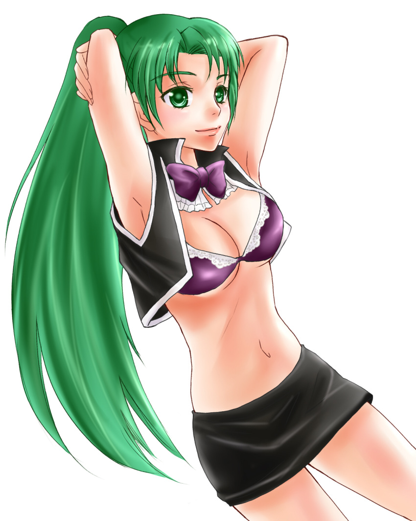 green_eyes green_hair highres higurashi_no_naku_koro_ni lingerie long_hair maccha_(chaca) midriff miniskirt ponytail skirt sonozaki_mion underwear vest waitress