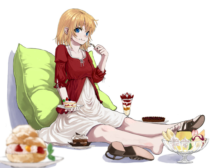 blonde_hair blue_eyes cake dress eating feet food food_on_face fork highres ice_cream original parfait pillow plate pudding ryou@ryou sandals short_hair single_shoe solo