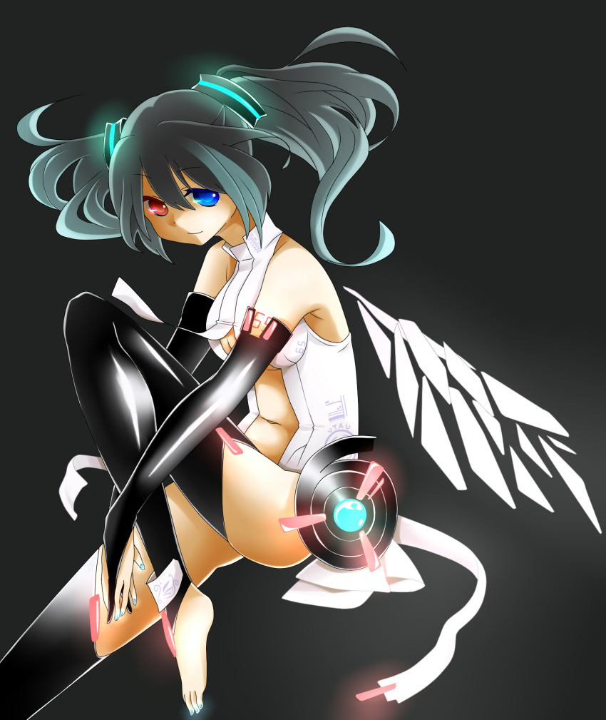 barefoot black_hair blue_eyes bridal_gauntlets cosplay elbow_gloves fingerless_gloves gloves hatsune_miku hatsune_miku_(append) hatsune_miku_(append)_(cosplay) highres long_hair miku_append miku_append_(cosplay) nail_polish navel necktie red_eyes saito_katuo simple_background smile solo thigh-highs thighhighs toes twintails utau vocaloid vocaloid_append wings yokune_ruko zettai_ryouiki