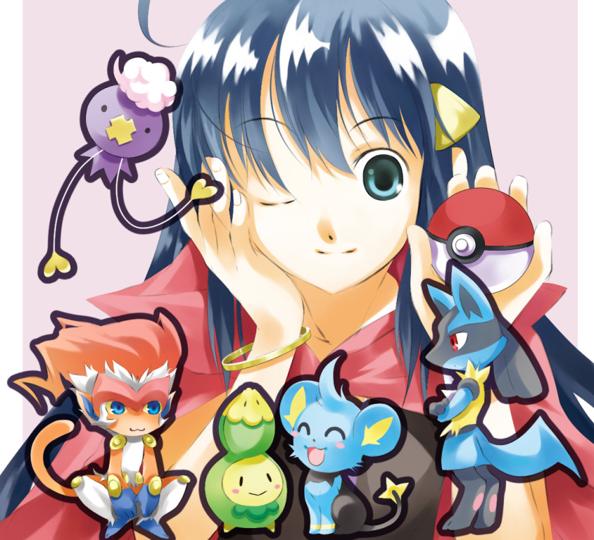 1girl blue_eyes blue_hair budew drifloon hat hikari_(pokemon) holding holding_poke_ball lucario monferno poke_ball pokemon pokemon_(creature) scarf shinx smile