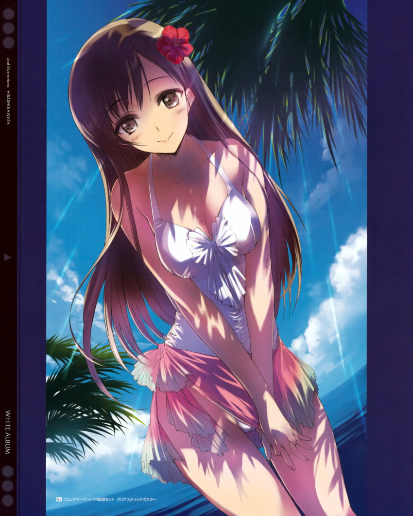 bare_shoulders beach blush breast_squeeze breasts brown_eyes brown_hair casual_one-piece_swimsuit cleavage cloud clouds dutch_angle fisheye flower hair_flower hair_ornament hands_clasped highres kawata_hisashi leaning leaning_forward long_hair morikawa_yuki ocean one-piece_swimsuit palm_tree sarong scan shade skirt sky smile sunbeam sunlight swimsuit thigh_gap tree v_arms white_album white_swimsuit