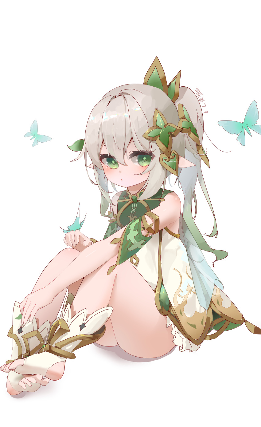 1girl absurdres bare_shoulders barefoot blush bug butterfly dress feet genshin_impact green_eyes highres kele_mimi kusanali_(genshin_impact) multicolored_hair no_pants pointy_ears ponytail smile soles solo toeless_legwear toes white_hair