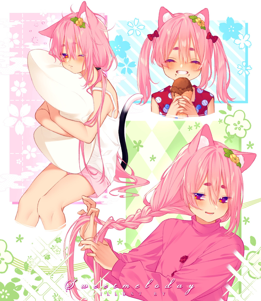 1girl ^_^ absurdres animal_ears bare_legs bare_shoulders braid cat_ears cat_girl cat_tail closed_eyes food highres ice_cream long_hair long_sleeves object_hug one_eye_closed open_mouth original pants pillow pillow_hug pink_hair pink_pants pink_shorts pink_sweater red_eyes red_shirt shirt shorts single_braid smile sweater sweetmeloday tail tank_top teeth twintails white_tank_top