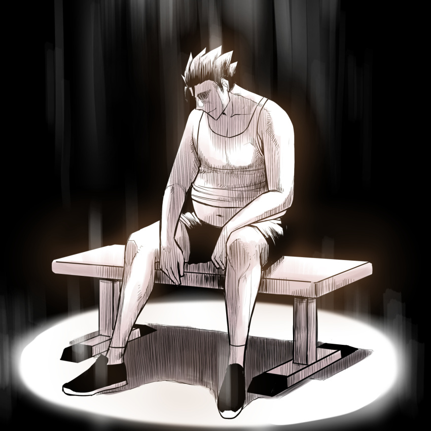 1boy ashita_no_joe bench black_background black_footwear black_hair black_shorts fat fat_man full_body greyscale highres male_focus midriff monochrome navel original peach_(momozen) profile shadow shoes shorts sitting socks solo tank_top white_tank_top