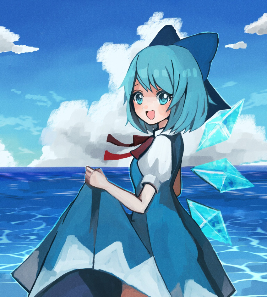 1girl :d bangs blue_bow blue_dress blue_eyes blue_hair blue_sky bow cirno clothes_lift clouds dress dress_lift hair_bow highres horizon ice ice_wings lifted_by_self looking_at_viewer mo_25_mo open_mouth short_hair short_sleeves sky smile solo standing touhou wings