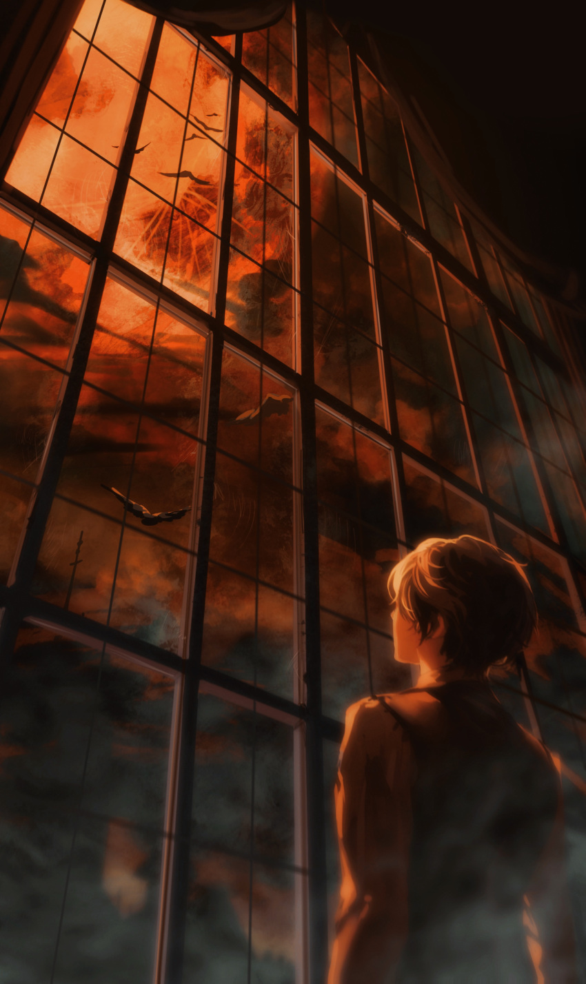 1boy absurdres bird chinese_commentary clouds cloudy_sky commentary_request fog from_behind heibaiya highres indoors jacket klein_moretti looking_up lord_of_the_mysteries short_hair sky solo sunset window