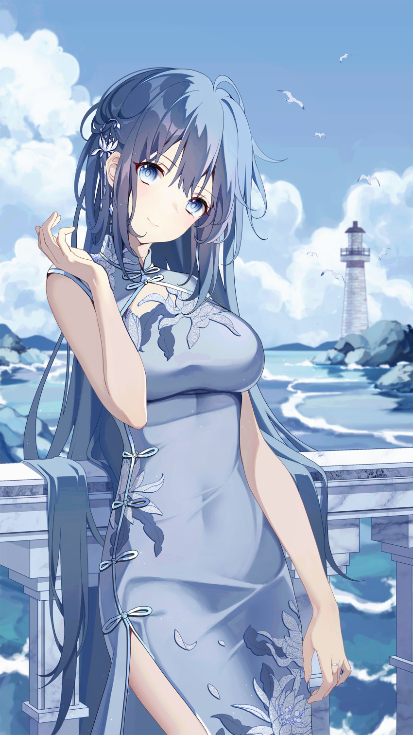 1girl absurdres bangs blue_eyes blue_hair blurry blurry_background china_dress chinese_clothes clouds cloudy_sky day dress hair_ornament hand_up highres leaning_on_rail light_particles lighthouse long_hair looking_at_viewer mountainous_horizon ocean original outdoors ribbon-trimmed_dress sidelocks sky smile solo standing waves woodsbench