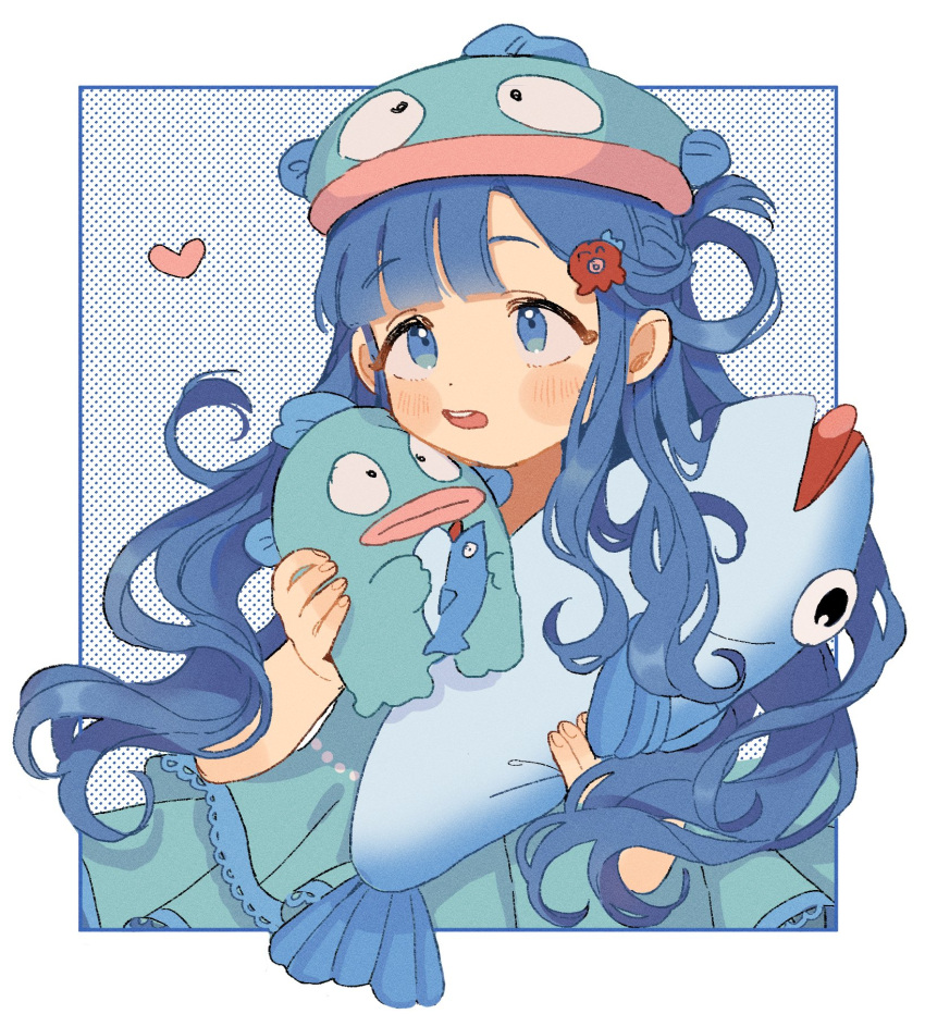 1girl animal asari_nanami blue_border blue_eyes blue_hair blush border child curly_hair dot_nose dotted_background dress fish frilled_dress frills green_dress hair_ornament hairclip hat heart highres holding holding_animal holding_fish holding_stuffed_toy idolmaster idolmaster_cinderella_girls long_hair looking_up open_mouth sidelocks solo stuffed_toy teeth wadachi white_border