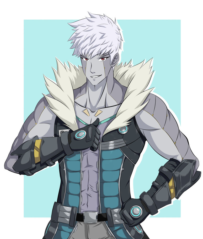 1boy absurdres arm_guards belt clenched_hand coat colored_skin ememtrp fur_trim grey_skin highres jacket lanz_(xenoblade) mechanical_parts multicolored_clothes muscular muscular_male purple_shirt red_eyes shirt smile thumbs_up white_hair xenoblade_chronicles_(series) xenoblade_chronicles_3