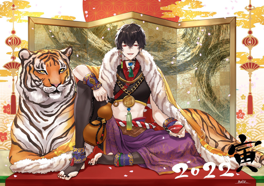 1boy alcohol architecture bishounen black_hair earrings east_asian_architecture fur hair_between_eyes highres jewelry looking_at_viewer makura_wet male_focus original redhead sitting solo tassel tiger traditional_clothes