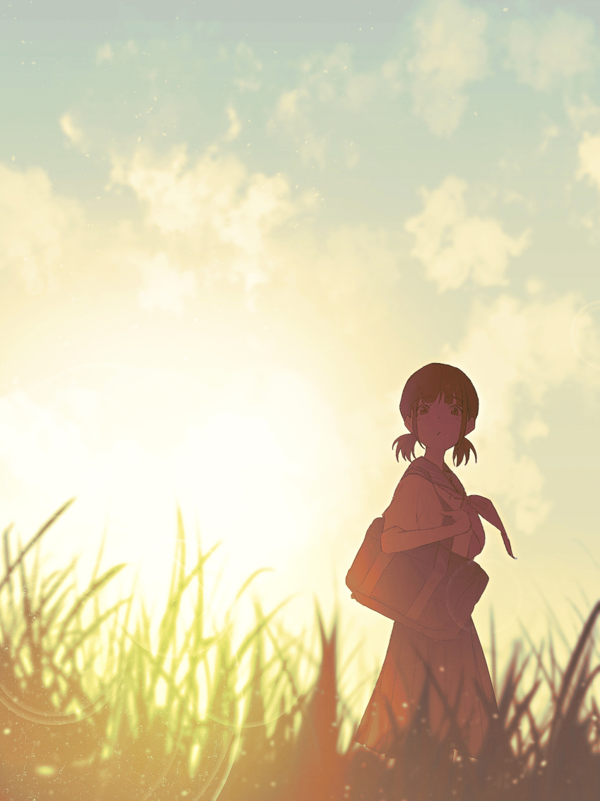 1girl absurdres bag bangs bloom blunt_bangs blurry blurry_foreground brown_eyes brown_hair clouds feet_out_of_frame from_below grass highres lens_flare long_skirt low_twintails oka_kojiro10 original outdoors pleated_skirt ribbon sailor_collar scenery school_bag school_uniform short_twintails skirt sky solo summer sunlight twintails