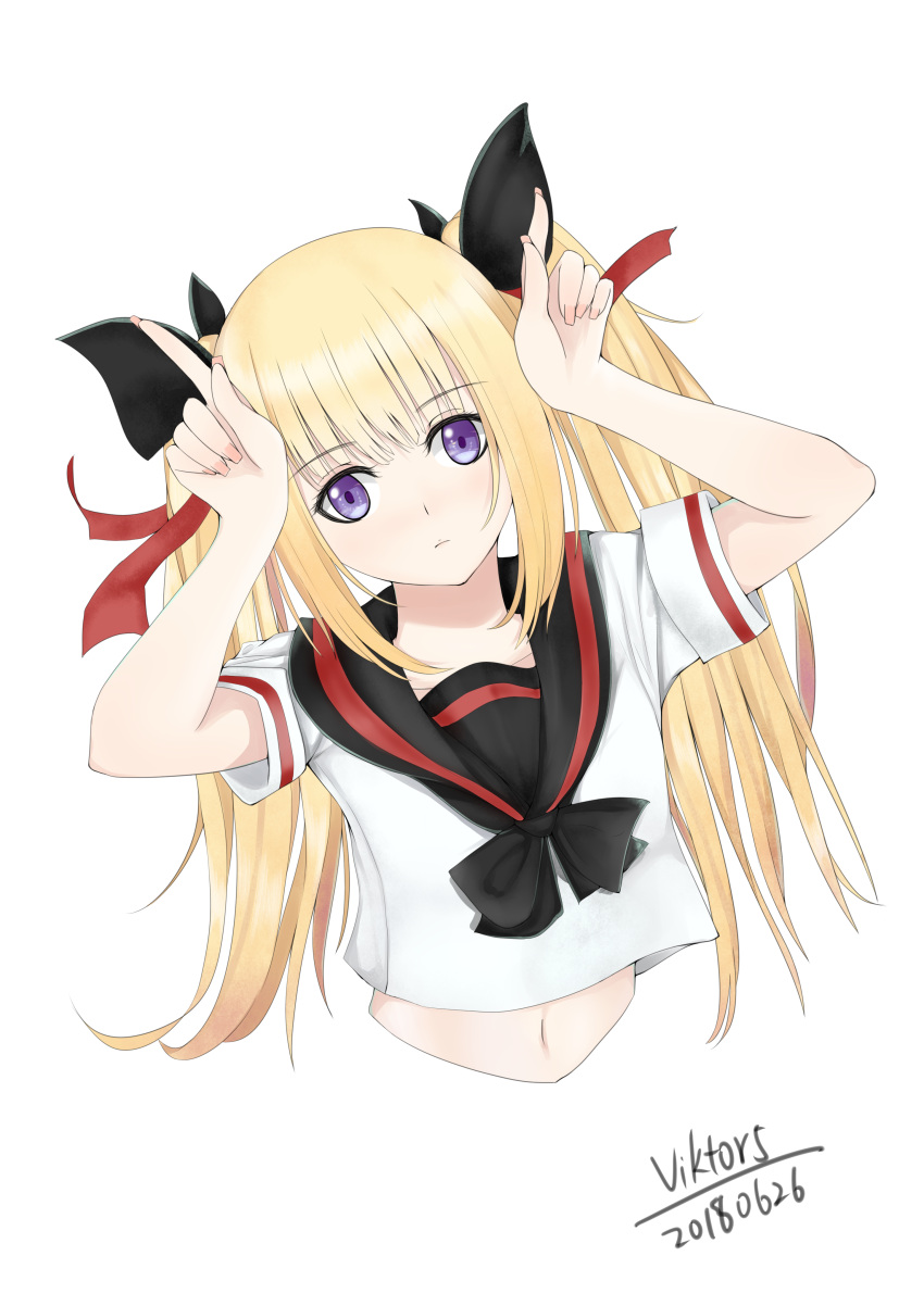 1girl 2018 absurdres artist_name bangs black_bow black_bowtie black_sailor_collar blonde_hair blunt_bangs bow bowtie closed_mouth collared_shirt cropped_torso dated hair_bow hair_ribbon highres long_hair looking_at_viewer midriff navel original red_ribbon ribbon sailor_collar sailor_shirt shiny shiny_hair shirt short_sleeves simple_background solo stomach twintails upper_body very_long_hair viktorf violet_eyes white_background white_shirt