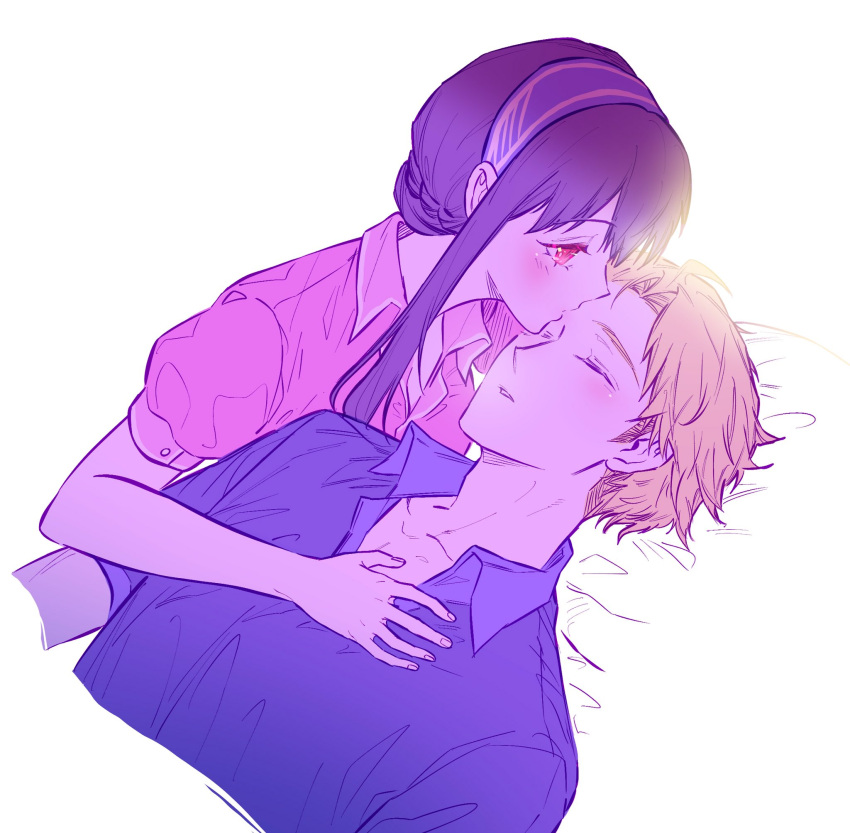 1boy 1girl bangs bed_sheet blonde_hair blue_shirt blush breasts brown_hair closed_eyes couple hair_between_eyes hair_up hand_on_another's_chest highres kiss kissing_forehead long_hair noda_302 parted_bangs parted_lips pink_shirt puffy_short_sleeves puffy_sleeves red_eyes shirt short_hair short_sleeves sidelocks spy_x_family twilight_(spy_x_family) upper_body white_background yor_briar