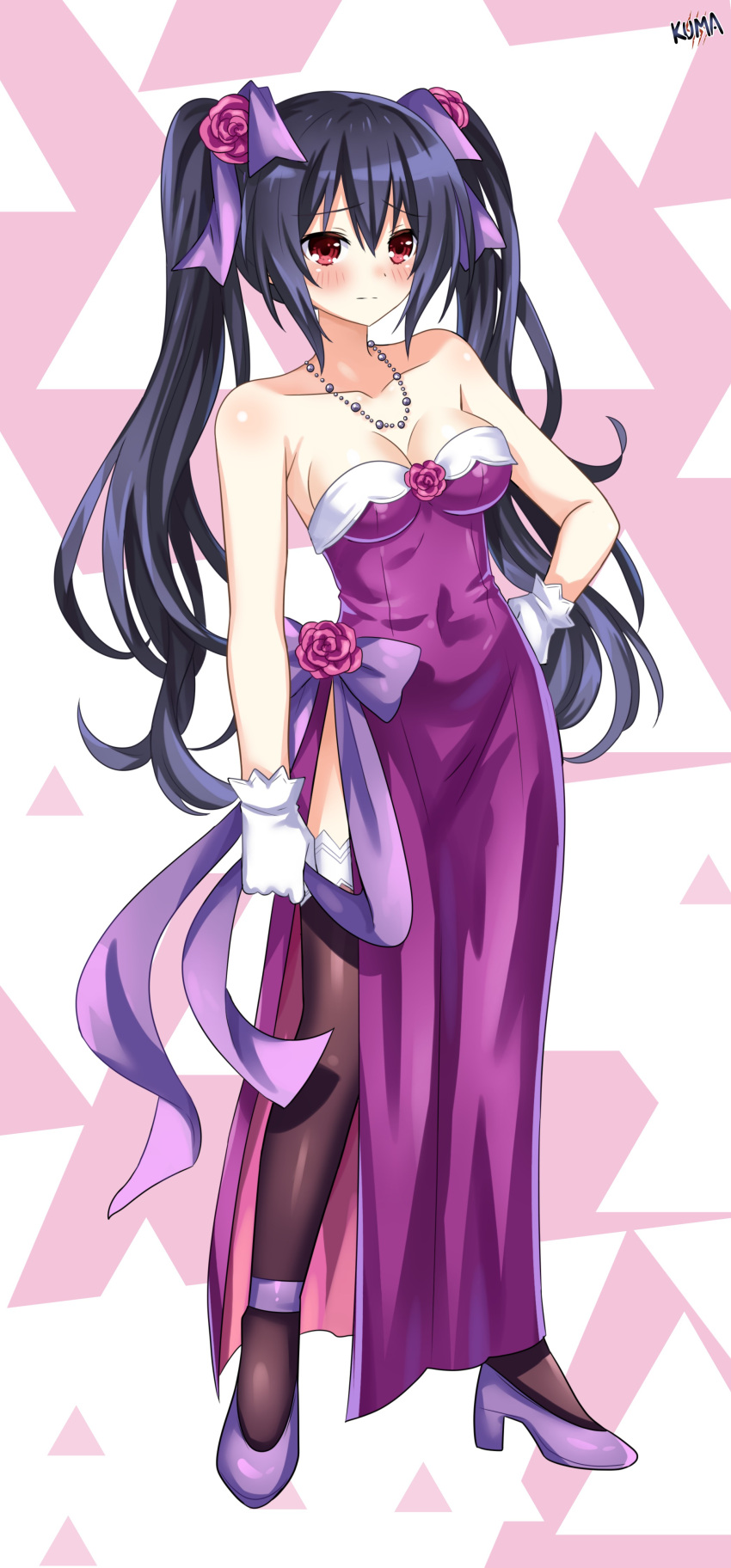1girl absurdres bangs black_hair black_thighhighs blush breasts collarbone commentary_request dress flower gloves hair_between_eyes hair_flower hair_ornament hair_ribbon hand_on_hip high_heels highres jewelry lewdkuma long_hair looking_at_viewer medium_breasts necklace neptune_(series) noire_(neptune_series) purple_dress purple_footwear purple_ribbon redhead ribbon sidelocks signature simple_background sleeveless sleeveless_dress solo strapless strapless_dress thigh-highs twintails white_gloves