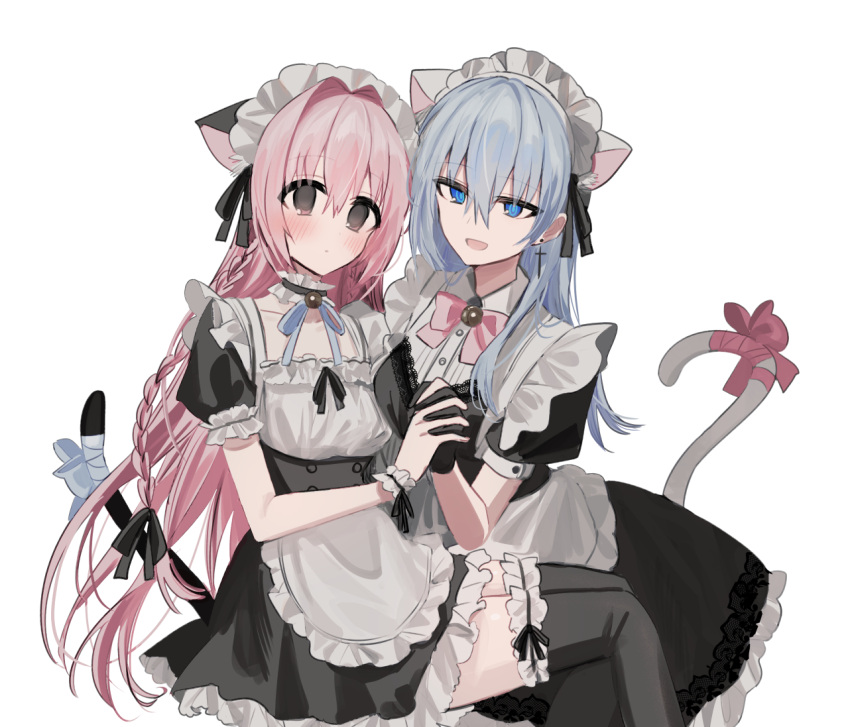 2girls :d alternate_costume animal_ear_fluff animal_ears apron bangs black_dress blue_bow blue_eyes blue_hair blue_ribbon blush bow breasts cat_ears cat_girl cat_tail chihuri closed_mouth collarbone collared_dress commentary_request cross cross_earrings dress earrings enmaided feet_out_of_frame frilled_apron frilled_dress frilled_legwear frills hair_between_eyes jewelry kemonomimi_mode latin_cross long_hair maid maid_headdress medium_breasts multiple_girls neck_ribbon original pink_bow pink_hair puffy_short_sleeves puffy_sleeves ribbon short_sleeves simple_background small_breasts smile tail tail_bow tail_ornament thigh-highs very_long_hair violet_eyes white_apron white_background