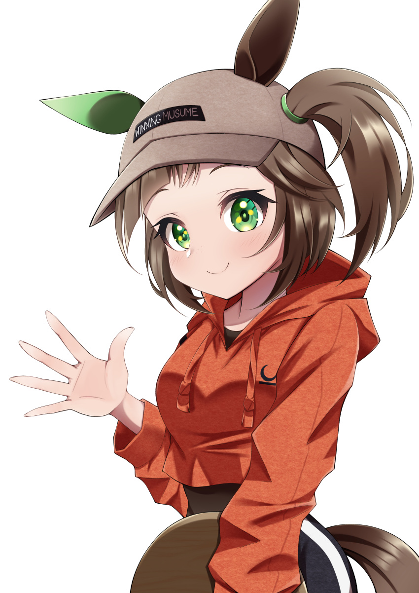 1girl absurdres animal_ears bodystocking bodysuit bodysuit_under_clothes breasts brown_hair casual cowboy_shot cropped_hoodie crutch_elbow drawstring ear_covers green_eyes hair_through_headwear highres hood hoodie horse_ears horse_girl horse_tail ines_fujin_(umamusume) long_hair long_sleeves looking_at_viewer medium_breasts open_hand orange_hoodie pants side_ponytail simple_background single_ear_cover smile solo tail track_pants tray umamusume visor_cap waving