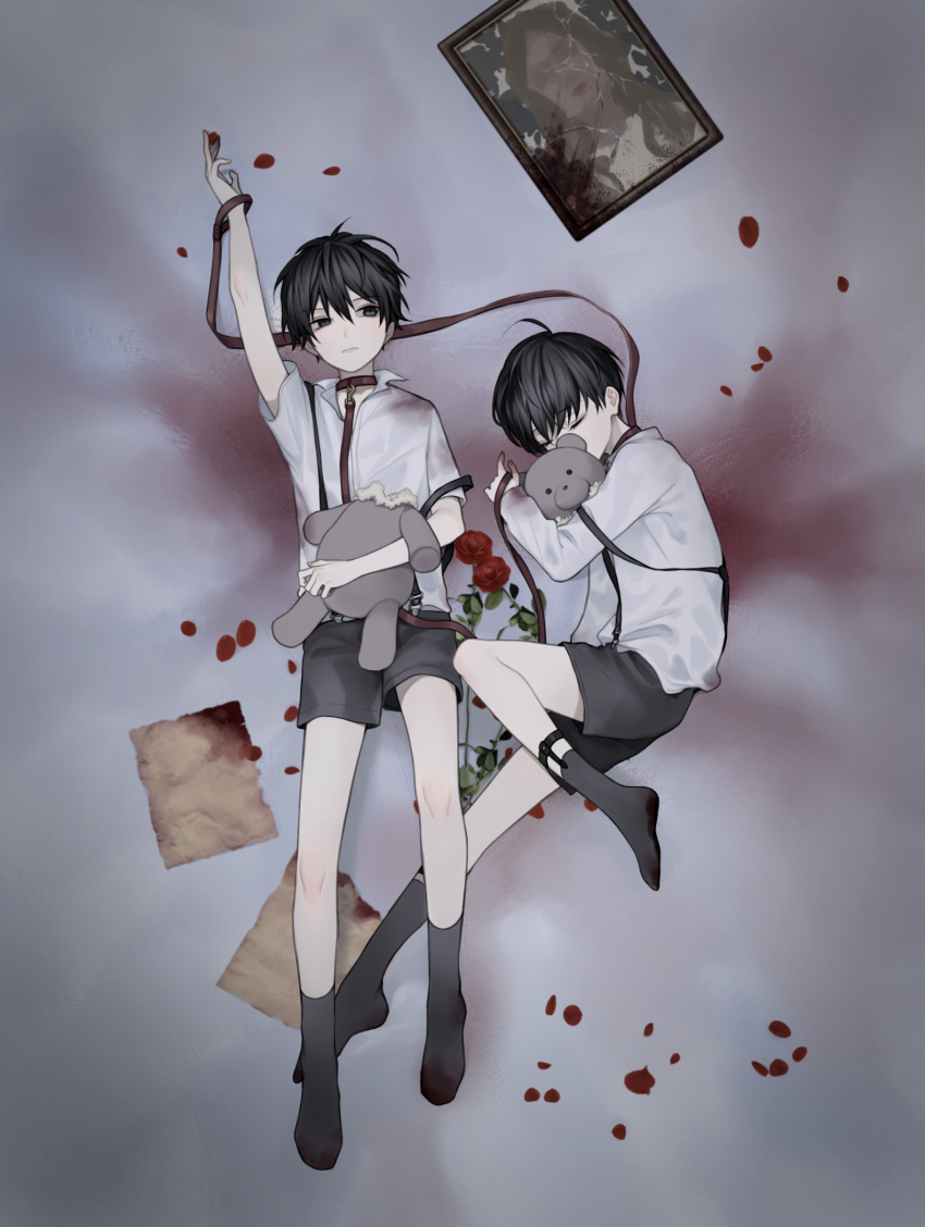 2boys black_eyes black_hair brothers closed_eyes facing_up flower full_body grey_background highres kdnokd legwear_garter looking_to_the_side male_focus multiple_boys original petals rose rose_petals short_hair siblings socks stuffed_animal stuffed_toy suspenders teddy_bear twins