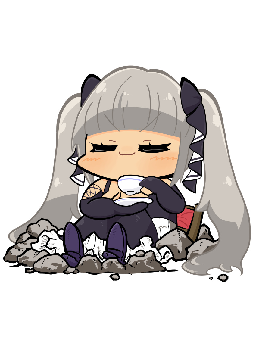 1girl :3 absurdres azur_lane bangs bare_shoulders black_dress black_gloves blunt_bangs blush_stickers chair chibi closed_eyes closed_mouth commentary_request cup daigorou_(42036928) dress elbow_gloves fat_joke formidable_(azur_lane) frilled_dress frills full_body gloves grey_hair hair_ribbon heavy high_heels highres holding holding_cup holding_plate long_dress long_hair partially_fingerless_gloves plate ribbon rubble sidelocks simple_background sitting sleeveless sleeveless_dress smile smug solo twintails two-tone_dress two-tone_ribbon very_long_hair white_background
