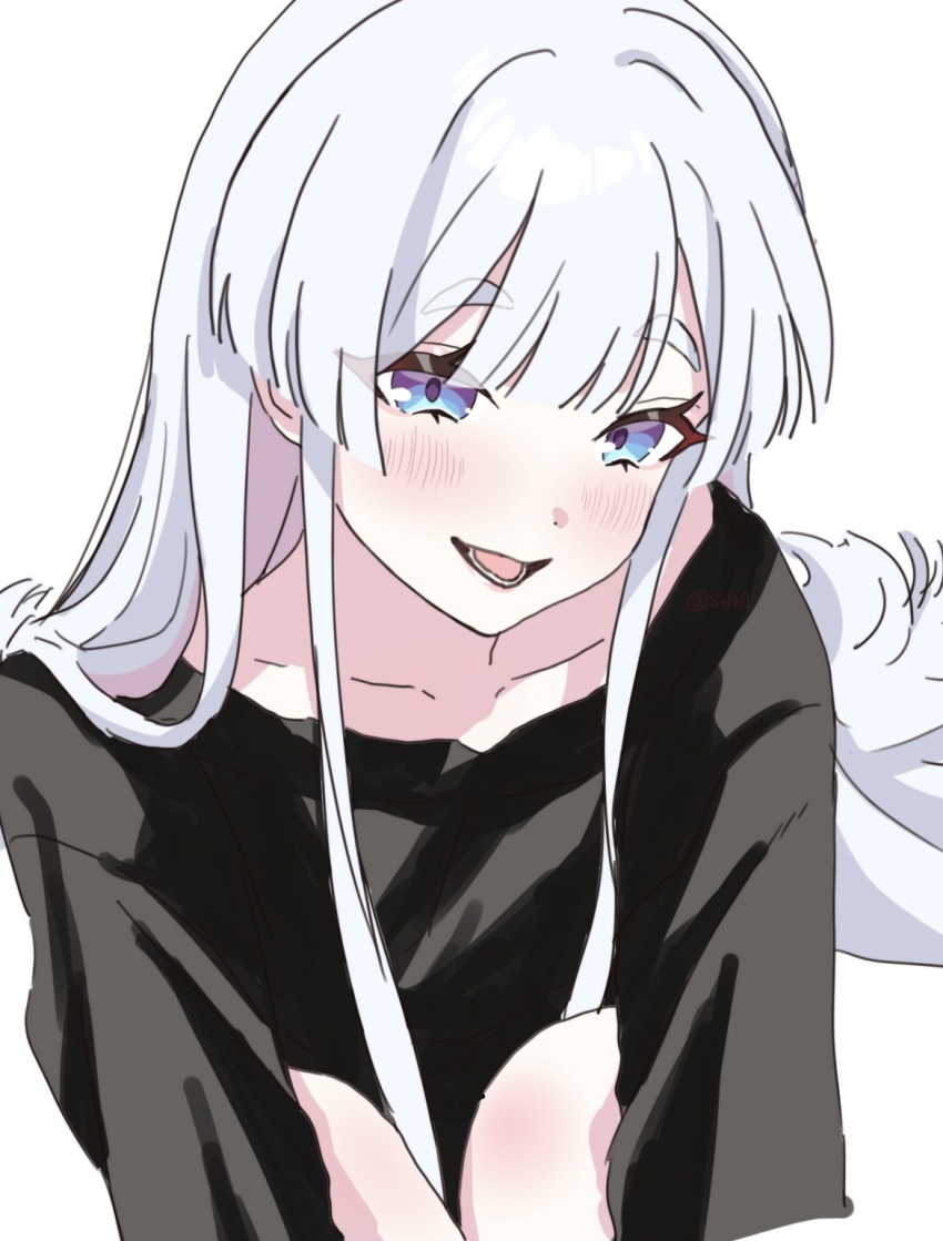 1girl 8xfn0 blue_eyes blush cho_kaguya-hime! collarbone commentary_request grey_hair highres hugging_own_legs long_hair looking_at_viewer multicolored_eyes multicolored_hair open_mouth pink_hair runami_yachiyo simple_background smile solo two-tone_hair violet_eyes white_background