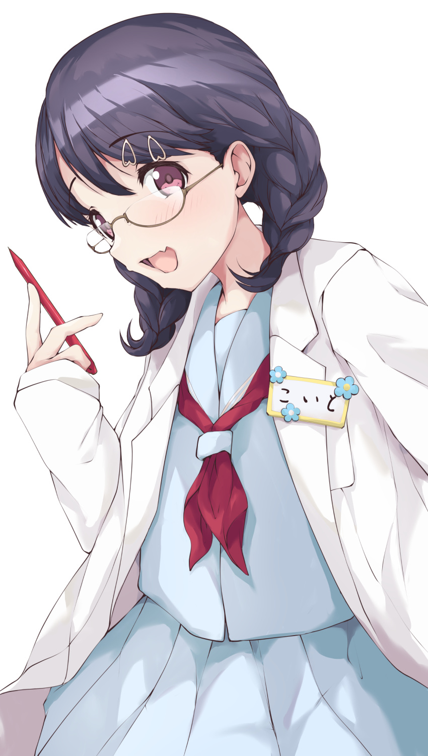 1girl absurdres black_hair braid commentary_request fang fukumaru_koito glasses hair_ornament hairclip highres idolmaster idolmaster_shiny_colors kuroba_aki labcoat long_hair looking_at_viewer low_twin_braids pleated_skirt school_uniform serafuku skin_fang skirt sleeves_past_wrists solo twin_braids twintails violet_eyes white_background