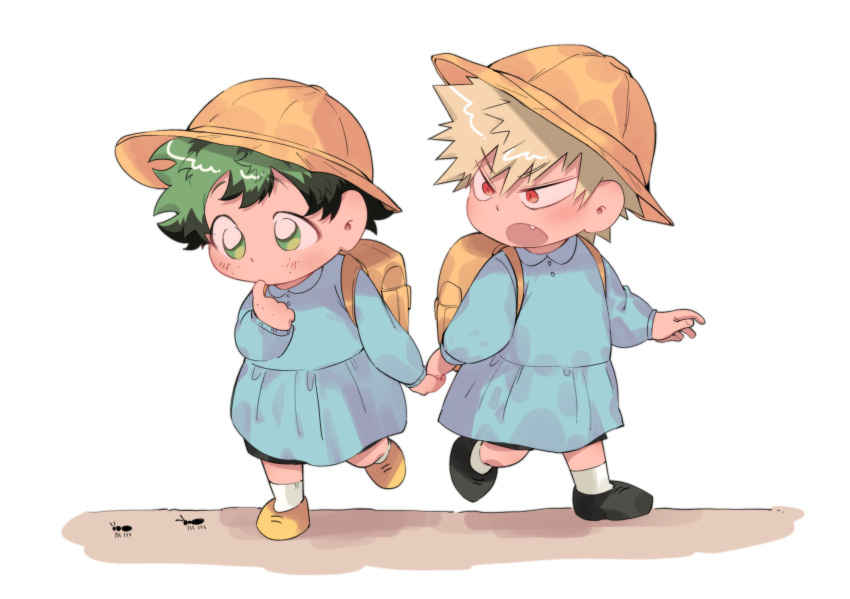 2boys ant backpack bag bakugou_katsuki black_footwear black_shorts blonde_hair blue_shirt blush boku_no_hero_academia bug child commentary_request fang finger_to_mouth freckles green_eyes green_hair hat highres holding_hands kindergarten_uniform long_sleeves looking_at_another looking_down male_child male_focus midoriya_izuku multiple_boys open_mouth red_eyes school_hat school_uniform shirt shoes short_hair shorts simple_background socks spiky_hair standing ujooo walking white_background yellow_bag yellow_footwear yellow_headwear younger