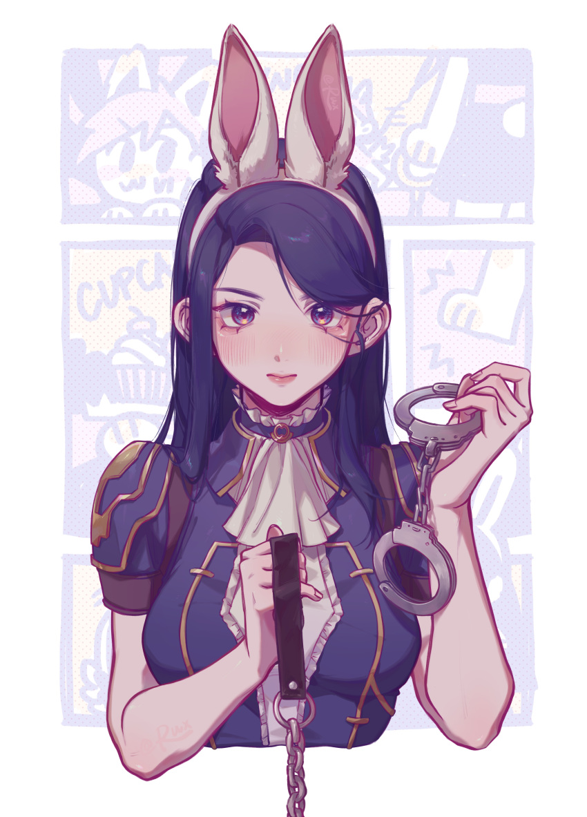 1girl absurdres animal_ears arcane:_league_of_legends ascot bangs blush breasts caitlyn_(league_of_legends) closed_mouth cropped_torso cuffs fake_animal_ears grey_background hair_behind_ear handcuffs highres holding holding_handcuffs large_breasts league_of_legends leash long_hair puffy_short_sleeves puffy_sleeves rabbit_ears ruan_chen_yue short_sleeves smile solo white_ascot