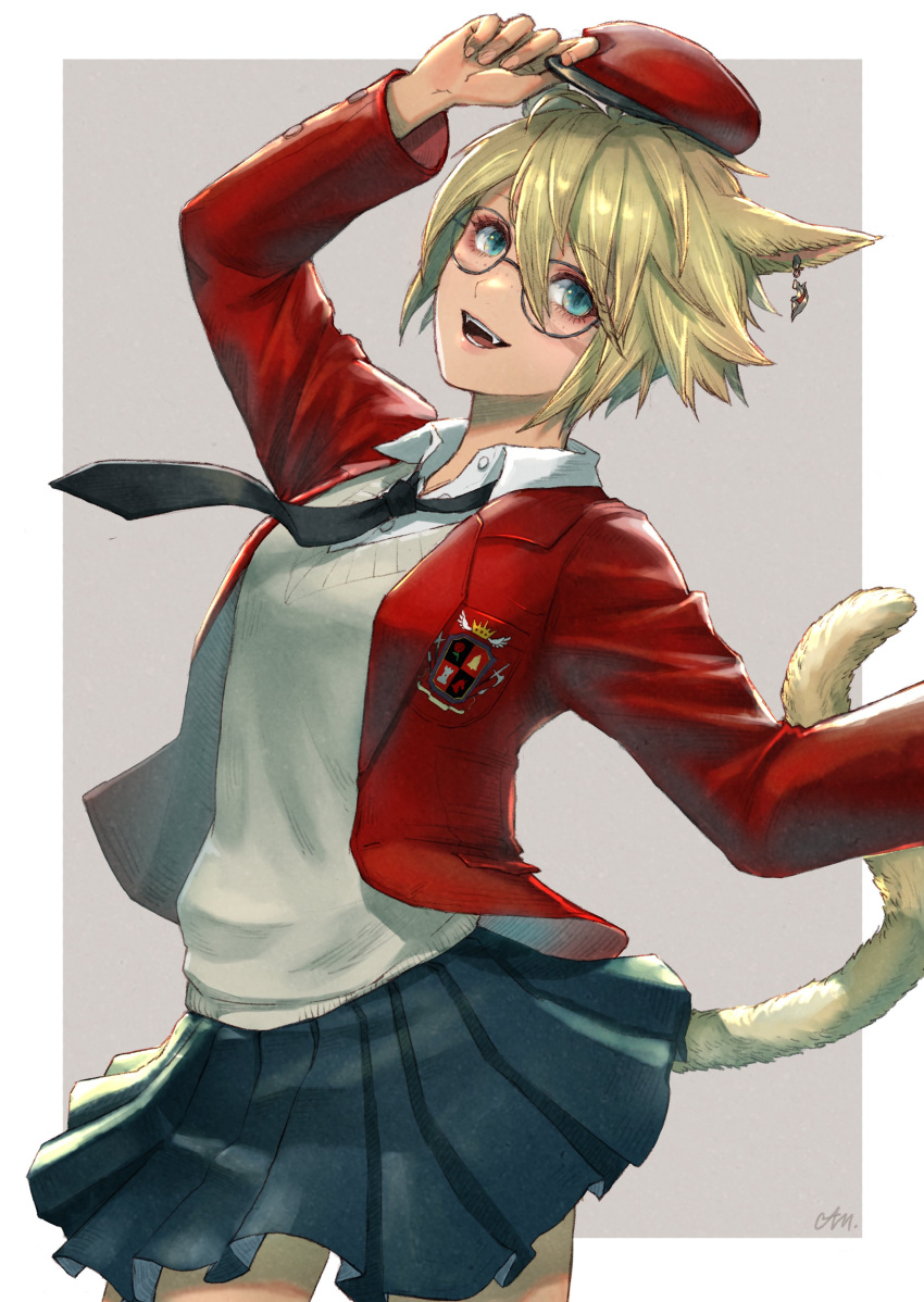 1girl absurdres animal_ears aqua_eyes arm_up avatar_(ff14) bangs beret black_necktie blonde_hair blue_skirt border brown_vest cam_(cammero95713700) cat_ears cat_girl cat_tail collared_shirt cowboy_shot earrings emblem facial_mark fangs final_fantasy final_fantasy_xiv freckles glasses grey_background hair_between_eyes hand_on_headwear hat highres jacket jewelry long_sleeves looking_at_viewer miqo'te necktie open_mouth outside_border outstretched_arm red_headwear red_jacket round_eyewear school_uniform shirt short_hair signature simple_background skirt slit_pupils smile solo spiky_hair standing tail vest white_border