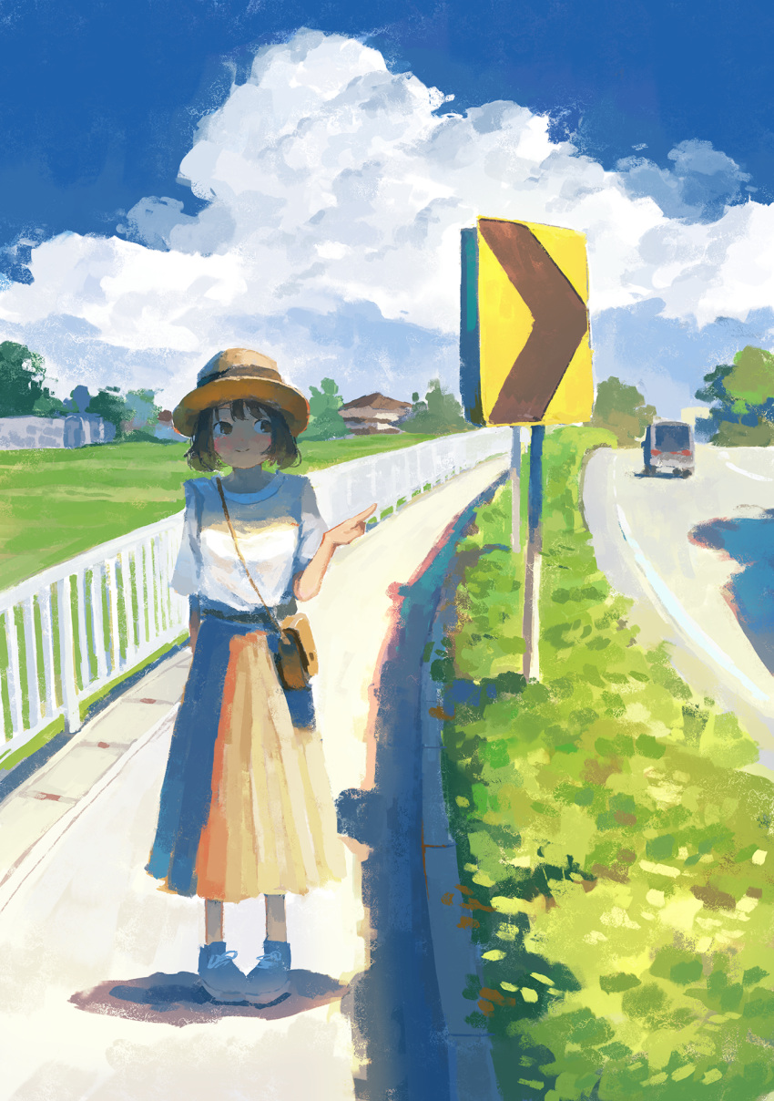 1girl bag bangs blue_sky brown_hair building bush clouds cloudy_sky day fence fjsmu grass ground_vehicle hat highres long_skirt original outdoors plant pointing road_sign scenery shirt shoes short_hair shoulder_bag sidewalk sideways_glance sign skirt sky smile sneakers solo standing summer sun_hat tree white_shirt