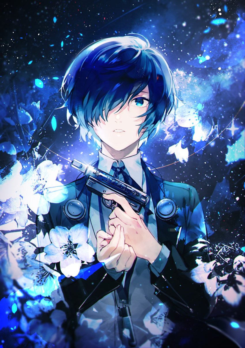 1boy bishounen black_jacket black_ribbon blue_eyes blue_hair collared_shirt commentary evoker flower gekkoukan_high_school_uniform gun hair_over_one_eye headphones headphones_around_neck highres holding holding_gun holding_weapon jacket long_sleeves looking_at_viewer lor_(roasyerizyonirapi) male_focus neck_ribbon one_eye_covered open_clothes open_jacket parted_lips persona persona_3 petals ribbon school_uniform shiny shiny_hair shirt short_hair solo teeth uniform upper_body weapon white_shirt wing_collar yuuki_makoto