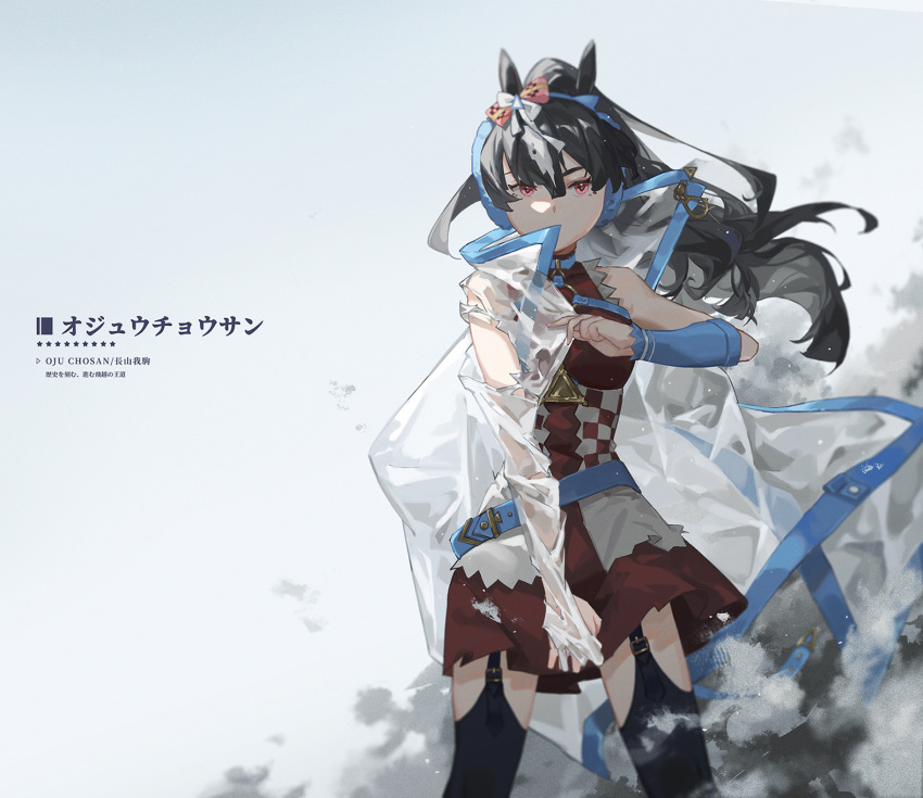 1girl animal_ears bangs belt black_hair black_thighhighs character_name chinese_text cowboy_shot detached_sleeves dress garter_straps highres horse_ears jacket long_hair long_sleeves looking_at_viewer mie_lu multicolored_hair oju_chosan_(racehorse) original personification ponytail red_dress redhead see-through see-through_jacket single_detached_sleeve sleeveless sleeveless_dress solo standing streaked_hair thigh-highs torn_clothes torn_jacket translation_request umamusume