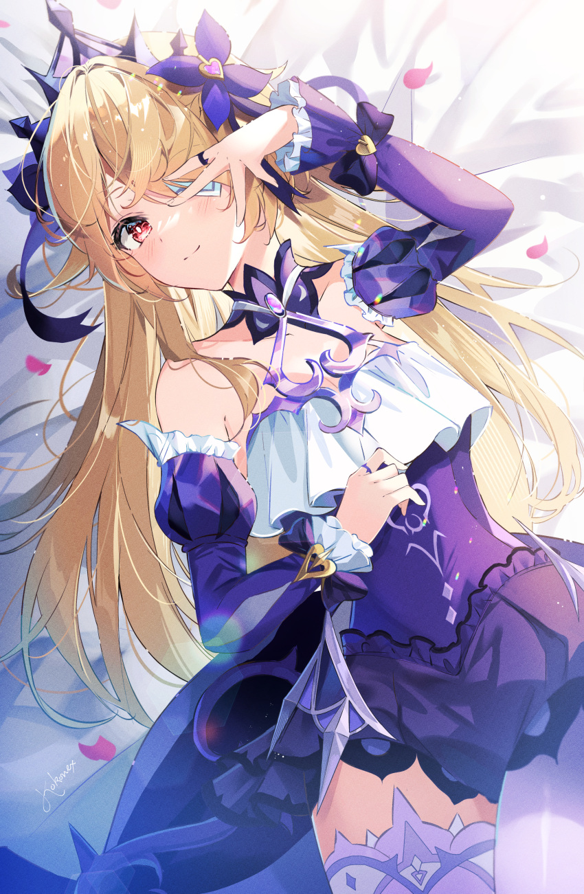 1girl absurdres bangs bare_shoulders blonde_hair blush bright_pupils choker commentary detached_sleeves dress english_commentary eyepatch fischl_(ein_immernachtstraum)_(genshin_impact) fischl_(genshin_impact) genshin_impact hair_ornament hair_over_one_eye hand_up highres jewelry long_hair long_sleeves looking_at_viewer lying on_back pantyhose petals puffy_sleeves purple_choker purple_dress ring single_leg_pantyhose single_thighhigh smile solo starlight_crystalz swept_bangs thigh-highs tiara v white_pantyhose white_pupils white_thighhighs