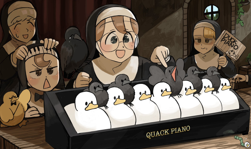 5girls bird blonde_hair blue_eyes bow bowtie brown_eyes catholic chicken chocolate_chip_cookie closed_eyes cookie crow diva_(hyxpk) duck duckling food freckles froggy_nun_(diva) glasses glasses_nun_(diva) grey_hair habit hanging_plant highres holding holding_sign little_nuns_(diva) multiple_girls nun out_of_frame piano_print round_eyewear sheep_nun_(diva) sign smile spicy_nun_(diva) sweatdrop unconventional_piano worm yellow_eyes