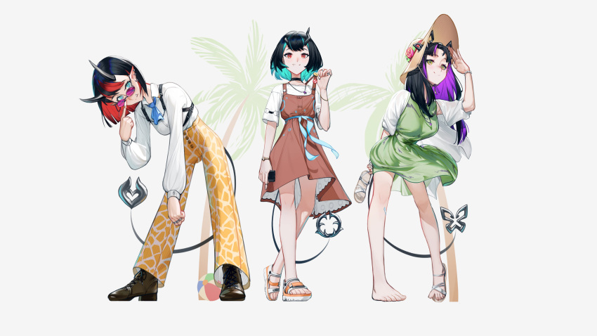 3girls absurdres adjusting_eyewear alternate_costume ascot bangs black_hair blue_ascot blue_hair boots breasts bright_pupils brown_dress brown_footwear closed_mouth commentary_request demon_girl demon_horns demon_tail dress ear_piercing earrings fang fang_out flat_chest full_body giraffe_print green_dress grey_horns hat highres holding holding_phone horns jacket jewelry kojo_anna long_hair long_sleeves looking_at_viewer medium_breasts multicolored_hair multiple_girls palm_tree pants phone piercing pinafore_dress pointy_ears print_pants purple_hair red_eyes redhead ryugasaki_rene sandals shirt shishio_chris shoes single_shoe sleeveless sleeveless_dress smile sugar_lyric sun_hat sunglasses tail tinted_eyewear tree two-tone_hair virtual_youtuber white_background white_footwear white_jacket white_pupils white_shirt wvs yellow_pants