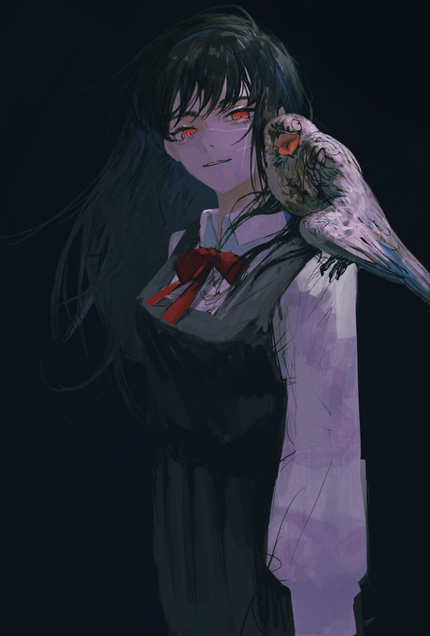 1girl absurdres animal animal_on_shoulder arms_at_sides bangs bird bird_on_shoulder black_background black_hair bow bowtie chainsaw_man collar collared_shirt cross_scar dark highres long_sleeves looking_at_viewer medium_hair mitaka_asa open_mouth parted_lips red_bow red_bowtie red_eyes ringed_eyes scar scar_on_cheek scar_on_face shirt simple_background smile standing war_devil_(chainsaw_man) white_collar white_shirt yomotsu00