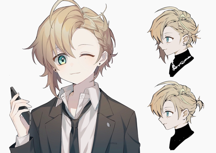 1boy accordion blonde_hair blue_eyes earrings formal heridy holding holding_phone instrument jewelry long_sleeves looking_at_viewer male_focus matome_(heridy) mole mole_under_eye one_eye_closed original otoko_no_ko phone short_hair shorts solo stud_earrings suit sweater