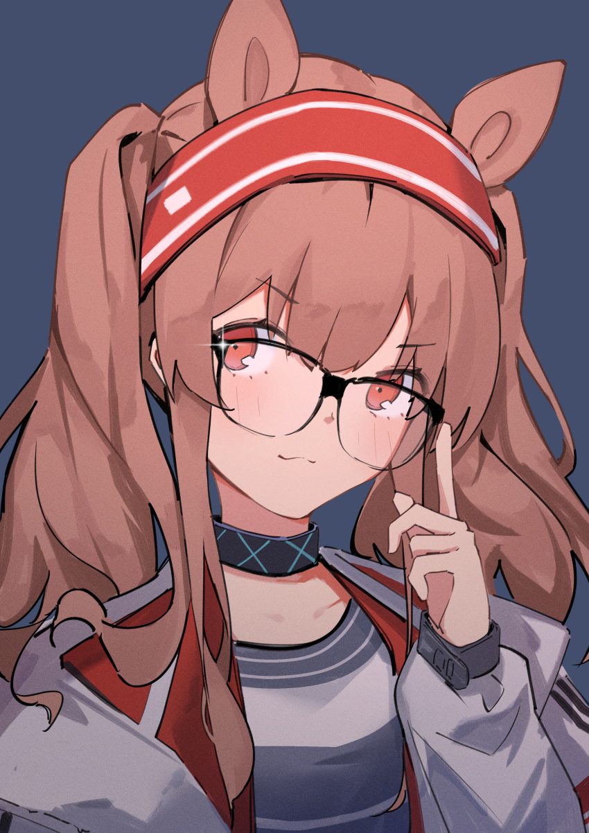 1girl :3 absurdres angelina_(arknights) animal_ears arknights bespectacled black_collar black_shirt blue_background blush brown_hair chichi_guai collar extra_ears fox_ears fox_girl glasses hairband hand_up highres index_finger_raised infection_monitor_(arknights) jacket long_hair long_sleeves looking_at_viewer open_clothes open_jacket red_eyes red_hairband shirt simple_background solo twintails upper_body white_jacket