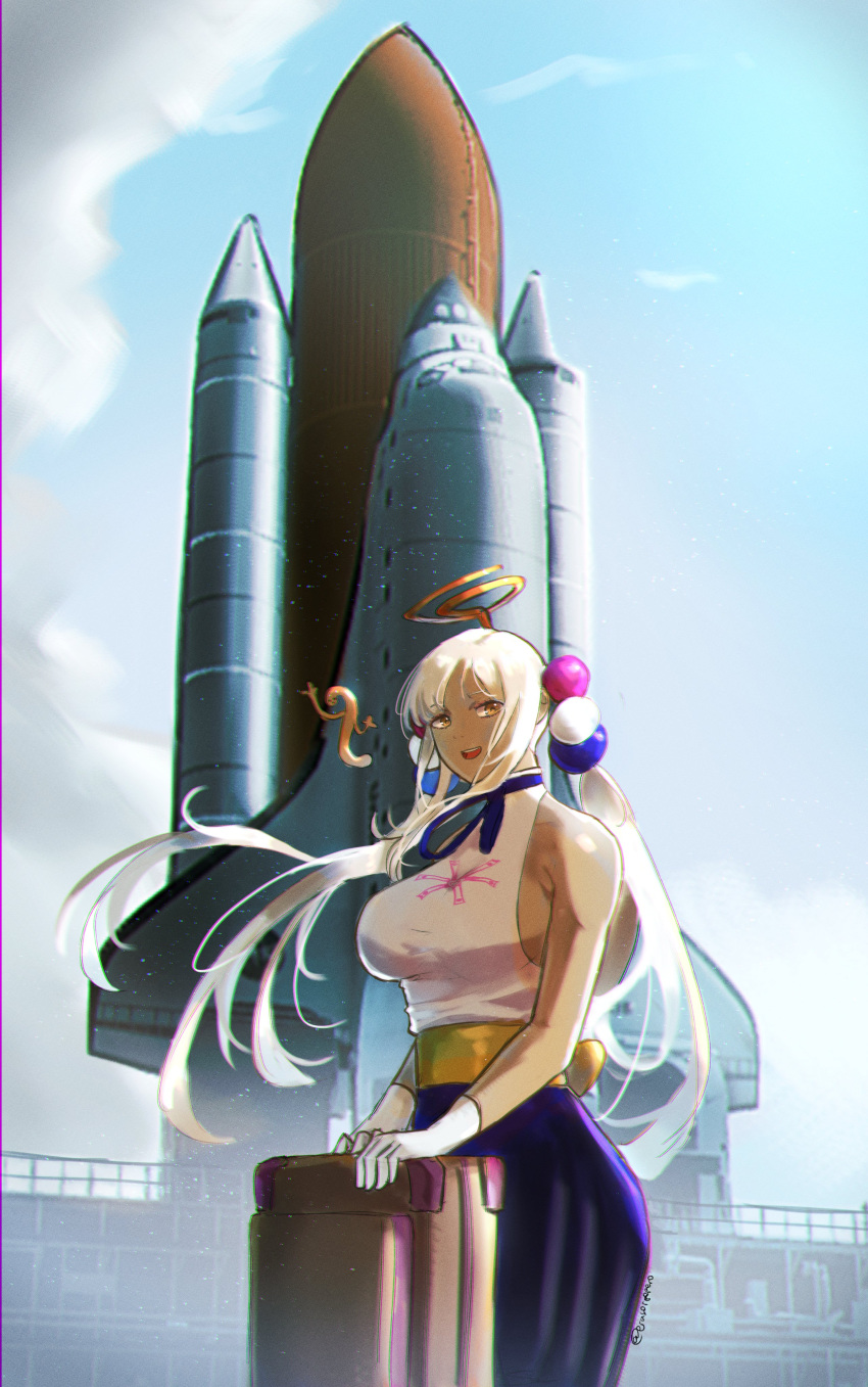 1girl absurdres bangs breasts dark-skinned_female dark_skin elbow_gloves erasorpepero gloves hair_ornament halterneck highres hololive hololive_english large_breasts light_brown_hair limiter_(tsukumo_sana) long_hair looking_at_viewer planet_hair_ornament sky smile space_shuttle spacecraft suitcase tsukumo_sana twintails very_long_hair virtual_youtuber white_gloves yellow_eyes