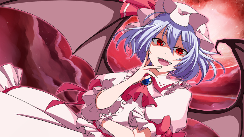 1girl :d ascot bangs bat_wings clouds commission dress fangs hat hat_ribbon highres leafy-miturugi-green mob_cap open_mouth outdoors puffy_short_sleeves puffy_sleeves purple_hair red_ascot red_eyes red_ribbon red_skirt red_sky remilia_scarlet ribbon short_hair short_sleeves skirt sky smile solo touhou upper_body white_dress white_headwear wings wrist_cuffs